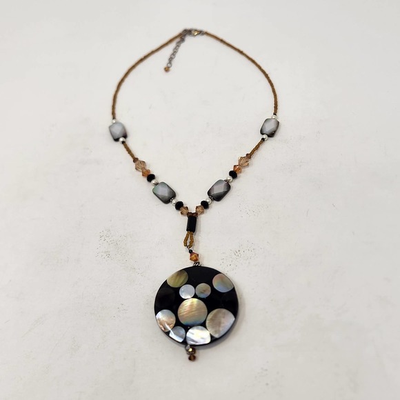 Artisan Black Shell Inlay Pendant Beaded Y Drop Necklace Sterling Silver Clasp - Picture 4 of 6